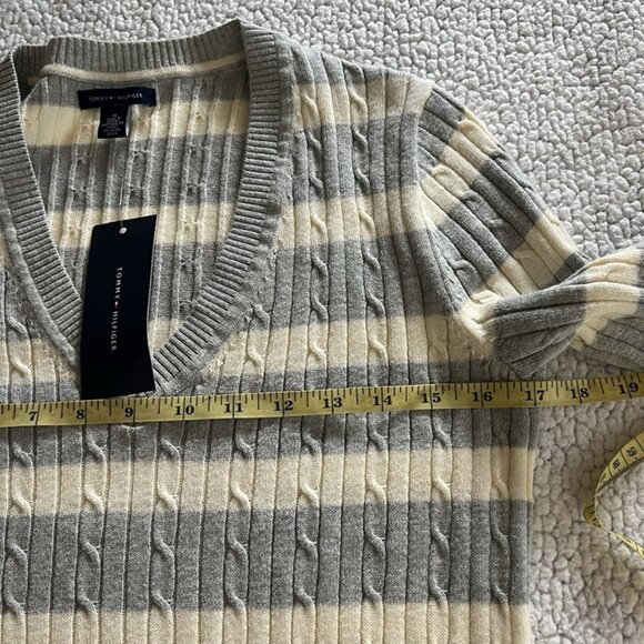 TOMMY HILFIGER Striped V-Neck Cable Knit Cotton Sweater sz M Y2k Preppy Tennis - Picture 7 of 9